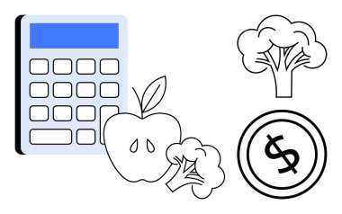 Elma, brokoli ve dolar işaretinin yanında hesap makinesi sağlıklı beslenmenin finansal planlamasını sembolize ediyor. Bütçe, beslenme, finans yönetimi, gıda tüketimi, market planlaması için ideal