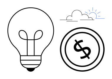 Yaratıcılık için ampul, finansal başarı için dolar sikke, yeni başlangıçlar için doğan güneş. İş stratejisi, yenilik, girişimcilik, finans, hedefler, iyimserlik artışı için idealdir. Düz basit