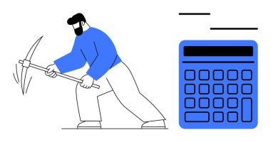 Kazmalı madencilik, finansal analizi gösteren büyük hesap makinesinin yanında sembolize çabayı simgeliyor. Finans, ekonomi, veri madenciliği, bütçe, yatırım, kripto para birimi ve iş için ideal. Düz