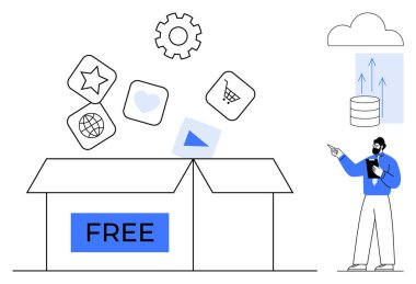 Üzerinde dijital uygulama simgeleri, vitesler, bulut depolama okları ve iş dünyasından profesyoneller olan açık kutu. Teknoloji, yenilik, pazarlama, veri paylaşımı, e-ticaret yaratıcılığı için ideal
