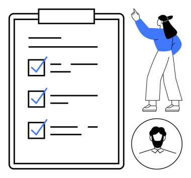 Tamamlanmış olarak işaretlenmiş üç görev tahtası, yukarı bakan bir kadın ve bir erkek profili. Organizasyon, üretkenlik, kontrol listesi, hedef belirleme, takım çalışması, yönetim görevi için ideal