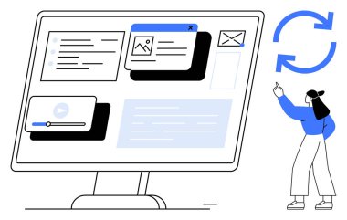 Çoklu ortam pencereleri, e- posta, çalma listesi ve kullanıcı arayüzü öğelerini eşzamanlama simgesini gösteren bir kadınla gösteren bilgisayar ekranı. Teknoloji, iş akışı, iletişim, veri, takım çalışması için ideal