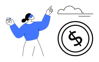 Kadın bulut ve dolarla etkileşime geçiyor, finansal bağlantıyı vurguluyor. Fintech, tasarruf, bulut hesaplama, yatırım, kazanç, dijital ekonomik büyüme için ideal. Düz basit