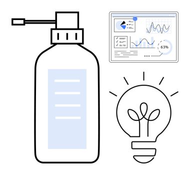 Pompalı dezenfektan şişesi, parlak ampul ve veri görselleri olan dijital torpido gözü. Fikirler, yenilik, hijyen, büyüme, analitik, üretkenlik ve düz basit metaforda ilerleme için idealdir.
