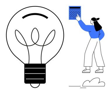 Hesap makinesi kullanan kadın, yaratıcılığı, problem çözmeyi, yeniliği ve üretkenliği temsil eden büyük ölçekli ampulün yanında. Eğitim, beyin fırtınası, finans, öğrenim, öğrenim takım çalışması için ideal