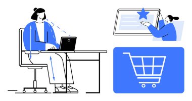 Masasında ergonomik için okları olan dizüstü bilgisayar kullanan bir kadın, yıldızlı dijital sertifika, e-ticaret için alışveriş arabası ikonu. Çevrimiçi alışveriş, uzaktan çalışma, eğitim, iş akışı ve verimlilik için ideal