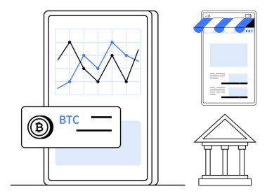 Çizgi çizelgesi ve BTC etiketli mobil ekran, finansal eğilimleri gösteriyor. Küçük mağazalar ve banka binaları ikonları e-ticaret ve finansal bütünleşmeyi temsil ediyor. Finans ve kripto para birimi için ideal