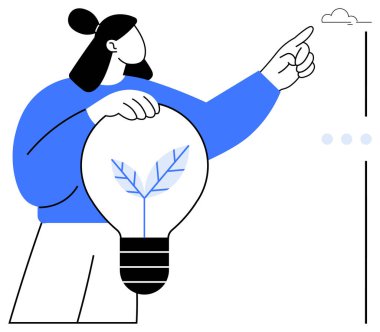 İçinde bitki olan ampulü tutan kadın bulutu işaret ederek sürdürülebilirliği, büyümeyi ve yeniliği sembolize ediyor. Tasarım için ideal, eko-teknoloji, beyin fırtınası, yeşil çözümler, yaratıcılık