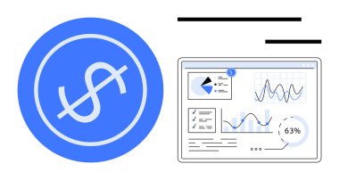 Haritalar, grafikler ve metriklerin bulunduğu bir panelin yanındaki mavi dairede dolar işareti. Finans, analitik, bütçe, yatırım, büyüme, istatistik ve sade raporlama için ideal