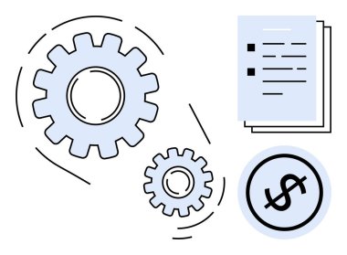 Hareket halindeki iki vites, bir belge yığını ve bir dolar işareti çemberi süreç optimizasyonunu, iş stratejisini veya proje yönetimini öneriyor. Finans, iş akışı, verimlilik, işlemler için ideal
