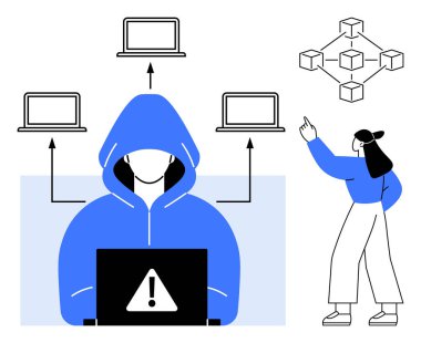 Kapüşonlu ceketli bir bilgisayar korsanı. Uyarı işareti olan bir laptop kullanıyor. Birden fazla ağlı dizüstü bilgisayar kullanıyor. Güvenlik, teknoloji, hack, engelleme zinciri, veri, risk yeniliği için ideal basit