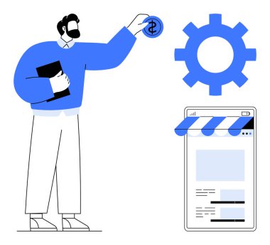 Dişli ve online vitrinin yanında bir dolar tutan adam. Çevrimiçi alışveriş, iş stratejisi, dijital yatırım, sistem optimizasyonu, teknoloji, girişimcilik için ideal