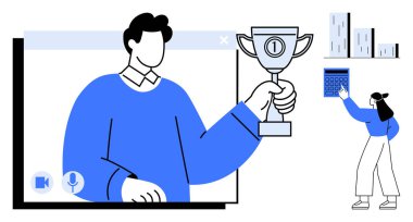 Başarıyı temsil eden video çağrı kupasındaki profesyonellik, hesap makinesi kullanan meslektaşlık, arka planda çizelgeler. Takım çalışması, başarı, liderlik, uzak çalışma, hedef belirleme, tanınma için ideal