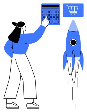 Kadın hesap makinesine roket fırlatma ve alışveriş arabası ikonu ile basıyor. Finans, girişimcilik, iş planlaması, girişimcilik, yenilik, e-ticaret, büyüme stratejileri için idealdir. Düz