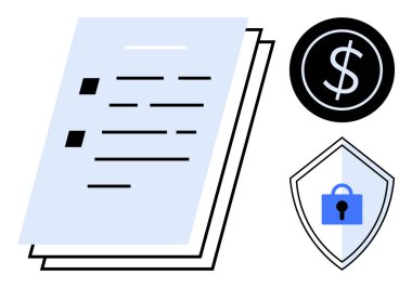 Dolar sembolü ve kilitli kalkan ikonu ile dolu finansal belgeler. Finans, güvenlik, koruma, gizlilik, işlemler, veri güvenliği, risk yönetimi, soyut çizgi düz metaforu için ideal