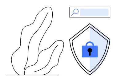 Asma kilit ikonu ve arama çubuğu olan mavi bir güvenlik kalkanının yanında soyut yaprak tasarımı. Siber güvenlik, veri koruması, güvenli tarama, çevrimiçi mahremiyet, İnternet güvenliği, bilgi