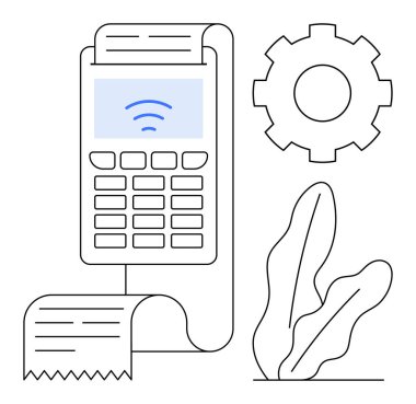 Tuş takımı, fiş kağıdı, ayarlar için dişli simgesi ve yaprakları olan terminali kontrol et. Fintech, temassız ödeme, çevrimiçi işlemler, teknoloji hizmetleri, perakende çözümleri modern finans için ideal