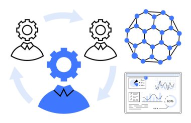 Vitesli insan figürleri, döngülü oklar, moleküler ağ ve analitik gösterge paneli. Takım çalışması, süreç, işbirliği, teknoloji veri analiz makinesi öğrenme yeniliği için idealdir. Düz