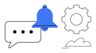 Bildirimler için zil, mesajlaşma için konuşma balonu, ayarlar için dişli ve depolama entegrasyonu için bulut. Uyarı, iletişim, özelleştirme, teknoloji, arka uç çalışma bulutu için ideal