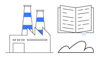 Bacaları açık bir kitapla ve alttaki bulutla çelişen fabrika binası. Eğitim, endüstri, sürdürülebilirlik, yenilik, teknoloji, ilerleme ve çevre için idealdir. Temiz düz basit metafor