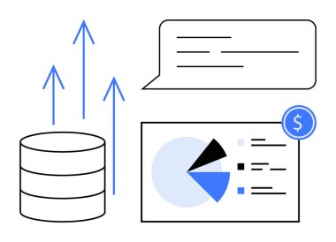 Veritabanı, bar tablosu ve büyüme okları ve finansal stratejileri tartışmak için sohbet baloncuğu. Veri yönetimi, finans, analitik, büyüme, iletişim, içgörü için ideal
