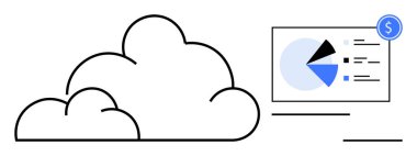 Pasta grafikleri ve finansal verilerle analitik gösterge paneline bağlı bir bulut. Bulut hesaplama, veri analizi, mali yönetim, teknoloji çözümleri, uzaktan erişim, dijital dönüşüm için ideal