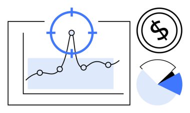 Hedef kitlenin altında tepe noktası, turta grafiği ve dolar işareti simgesinin altında çizgi grafiği. Finans, analitik, yatırım, istatistik, iş büyümesi, veri takibi için ideal düz bir metafor