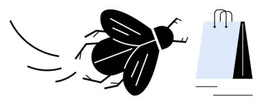 Siyah sinek alışveriş çantasının yanında hareket çizgileriyle vızıldıyor. Tüketici davranışı, dikkat dağıtma, beklenmeyen, mizah, perakende, karar verme ve çevre temaları için idealdir. Düz basit metafor