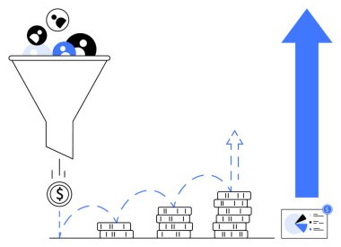 Huni filtreleme dolar işaretlerine yol açar. Yükselen bozuk para yığınları büyümeyi sembolize eden mavi ok. İş, pazarlama, dönüşüm, verimlilik, strateji ve analitik için ideal