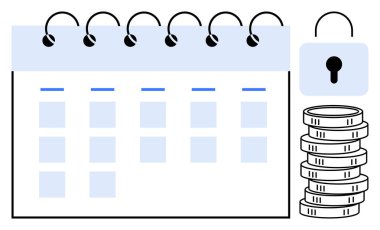 Kilidin yanındaki spiral takvim, madeni planlama, veri güvenliği ve verimliliği sembolize ediyor. Finans, bütçe, güvenlik, yatırımlar, zaman yönetimi, hedef belirleme için ideal