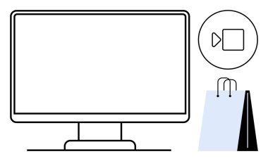 Online perakende satış, video pazarlama ve e-ticareti temsil eden video ikonu ve alışveriş çantasıyla bilgisayar ekranı. Teknoloji, reklam, alışveriş, perakende, iletişim ve internet sektörü için ideal