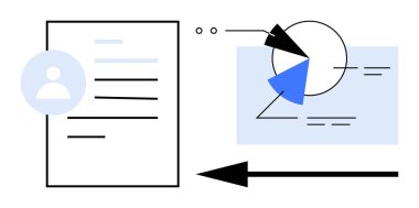 Oklar ve soyut şekiller aracılığıyla analitik çizelgelere bağlanan kullanıcı profiline sahip belge. Dosya paylaşımı, veri analizi, iş akışı, iletişim, takım çalışması, bilgi akışı, sunum için ideal