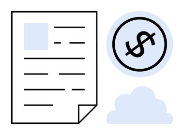 Metin satırları, dolar işaretleri ve bulut grafikleri. Finans, muhasebe, bulut depolama, dijital fatura, çevrimiçi işlemler, veri güvenliği dairesi için ideal basit metafor