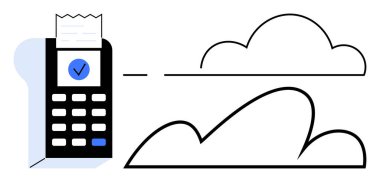 Dijital yüklemeyi temsil eden bir bulut simgesi içeren hesap makinesi yazdırma makbuzu. Finans, otomasyon, teknoloji, muhasebe, veri depolama, bulut hesaplama ve dijital yenilik için idealdir. Düz basit