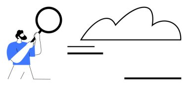 Büyüteç tutan adam soyut bulut şekillerini çizgilerle inceliyor. Veri araştırması için ideal, bulut hesaplama, analiz, teknoloji, problem çözme, yenilik, düz basit metafor