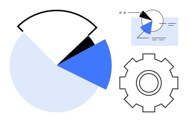 Vurgulanmış segmentlerle turta grafiği, süreç veya sistemleri gösteren dişli simgesi ve soyut analitik diyagramı. Veri analizi, iş stratejisi, optimizasyon, süreç ve teknoloji için ideal