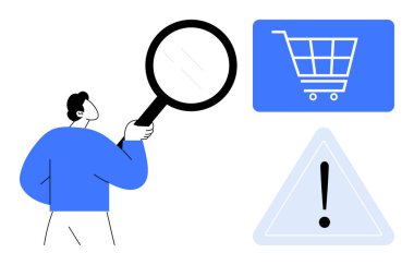 Elinde büyüteç, alışveriş arabası ve uyarı üçgeni tutan bir adam. E-ticaret analizi, çevrimiçi alışveriş, müşteri davranışı, kalite kontrol, problem çözme, risk yönetimi için ideal