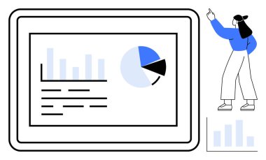 Büyük tablet ekranda çubuk grafiği, pasta grafiği, metin verisi gösterilir. Haritalara doğru jestler yapar. Analiz, sunum, teknoloji, veri görselleştirme ve eğitim sektörü için ideal