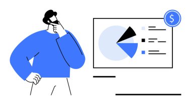 Profesyonel düşünceli bir şekilde ekrandaki finansal pasta grafiği verilerini inceliyor. İş stratejisi, finans, analiz, karar verme, planlama, eğitim ve sunumlar için ideal. Düz basit metafor