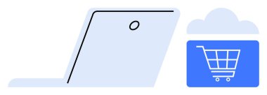 İnternet pazarı, e-ticaret, bulut depolama, dijital işlemler, teknoloji entegrasyonu, yenilik ve kullanıcı kolaylığını vurgulayan alışveriş arabası grafikli bulutun yanında açık dizüstü bilgisayar. Düz