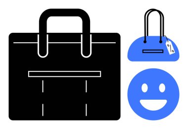 Siyah çanta, üzerinde fiyat etiketi olan mavi çanta, mavi gülen surat. İş, alışveriş, perakende, moda, profesyonel temalar için ideal sosyal medya pazarlaması. Satır metaforu