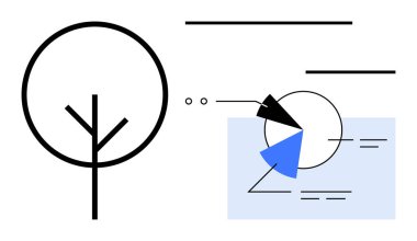 Minimalist ağaç ana hatları turta grafiği ve sürdürülebilirliği ve veri içgörüsünü temsil eden geometrik diyagramlar ile eşleştirilmiştir. Çevre, analitik, eko-ticaret, araştırma, yenilik ve denge için ideal