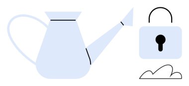 Açık mavi sulama kutusu bir asma kilit ve küçük bir bulut yanında. Büyüme, güvenlik, yenilik, sürdürülebilirlik, kaynak koruması, meydan okuma yönetimi, kendini geliştirme kavramları için idealdir. Düz basit