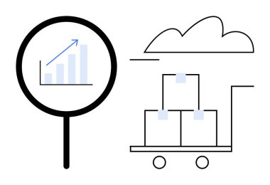 Çizelge, büyüteç altında, bulutların altındaki yük arabasının yanında yükseliyor. İş için ideal, lojistik, analitik, sevkiyat, büyüme, bulut hizmetleri, başarı konsepti. Düz basit metafor