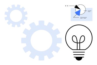 Hareket halindeki dişliler, fikirleri temsil eden ampul ve yaratıcılığı, problem çözmeyi ve verimliliği tasvir eden veri tablosu etkileşimi. Yenilik, takım çalışması, analitik, strateji üretkenliği için ideal
