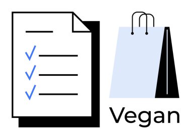 Vegan etiketli bir alışveriş poşetinin yanında mavi işaretli kontrol listesi. Sürdürülebilirlik, etik alışveriş, bilinçli tercihler, minimalizm, yaşam tarzı, organizasyon, çevre dostu olmak için ideal. Düz