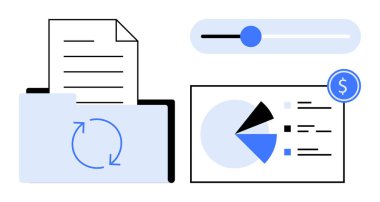 Belge ve taze sembol içeren dizin, kaydırma denetimi, veri detaylarıyla pasta grafiği, para birimi simgesi. Dosya değişimi, veri yönetimi, bütçe planlaması, analitik ve finans teknolojisi için ideal