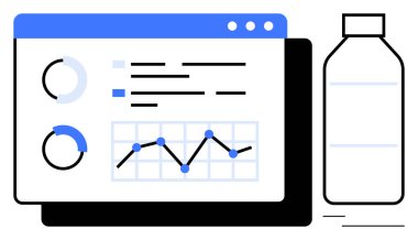Analitik gösterge paneli, turta grafikleri, çizgi grafiği ve su şişesiyle gösterilen verileri gösteriyor. Sağlık izleme, fitness, hidrasyon, üretkenlik, araştırma, veri analizi için ideal basit