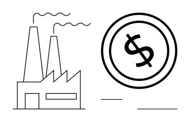 Finansal büyüme, üretim, ticaret, ekonomi, endüstri trendleri, sürdürülebilirlik ve maliyet verimliliğini gösteren bir doların yanında baca bacaları bulunan fabrika binası. Düz basit metafor