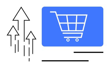 Ekranda yukarı doğru çıkan okların yanındaki mavi alışveriş arabası büyümeyi, dijital perakendeciliği ve yükselen ilerlemeyi temsil ediyor. E-ticaret, iş büyümesi, pazarlama, çevrimiçi satış, strateji, teknoloji dairesi için ideal